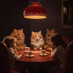 three girls with three cats sitting at a table