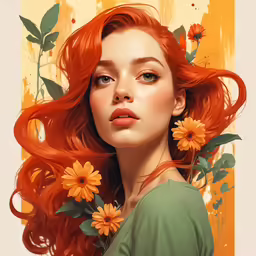 a painting of a girl with bright red hair and flower necklace