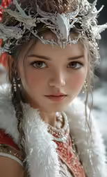 a young woman wearing a white and red snow crown