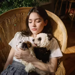 a woman sitting in a chair holding two dogs