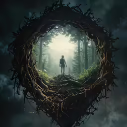 a man standing in a forest with large round branches over it