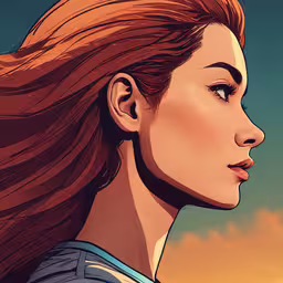 a painting of a woman with red hair, looking away from the camera,a woman with her hair flying in the air