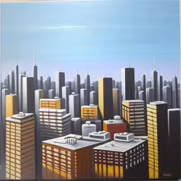 a painting of a cityscape with skyscrapers on the horizon