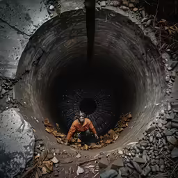a man kneeling in the middle of a pipe tunnel