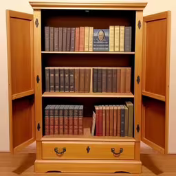 the shelf is open and full of books,a bookcase with some books inside of it,a bookcase with drawers holds several books,a wooden book shelf with many books in front of it,a cabinet filled with lots of books next to a wall