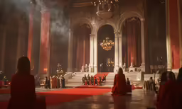 a crowd of people watch as a stage is set for a gala