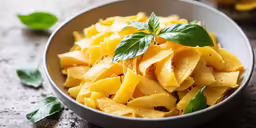 pasta with basil in a gray bowl with other ingredients