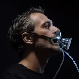 a man wearing a ventulator mask in the dark
