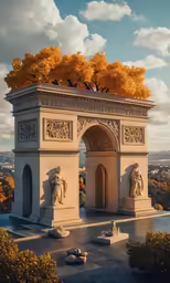 a monument is shown in a park with an autumn tree