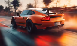 a orange sports car driving down a city street