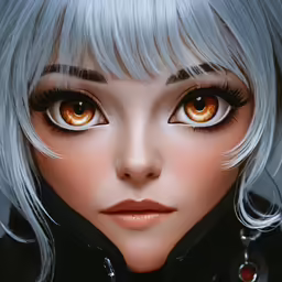 a girl with light gray hair and orange eyes