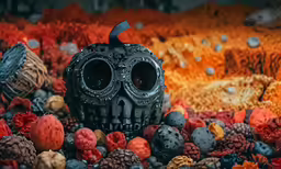 an elaborate skull is surrounded by berries and corals