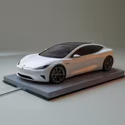 a white car is on display on a black stand