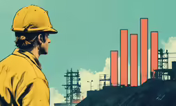 a man wearing yellow and holding onto something while standing in front of some factories