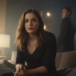 a woman sits on a couch next to a man in a living room