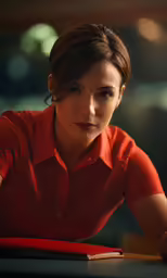 a woman sitting at a table with a red shirt on