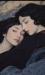two young ladies laying in bed looking into the distance