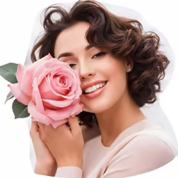 a woman holds a pink rose and smiles