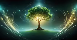 this is a painting of a tree with bright beams