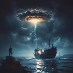 the large ship is sailing toward a space station,