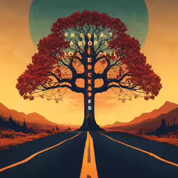 the poster depicts an orange road leading into the setting sun,a stylized landscape shows the name arizona on a tree