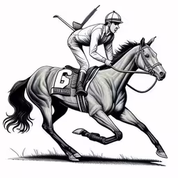 an equestrian jockey is racing his horse by person,jockey riding horse done in ink drawing technique stock illustration