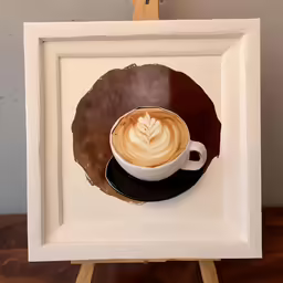 a cappuccino latte with leaves on a coaster, surrounded by a small easel