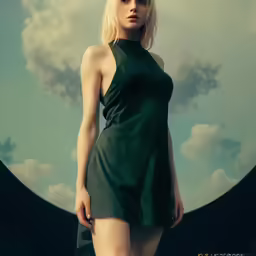 the woman in green dress poses for an advertisement