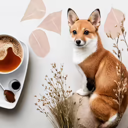 a small dog is sitting next to some coffee