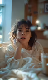 a woman laying in bed next to a cup
