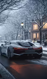 a car driving down the street near a building covered in snow
