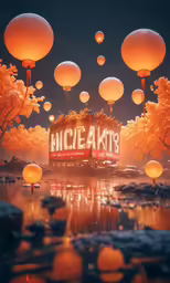 lanterns floating above a lake at night, with lights reflected in the water