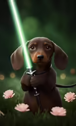 a dachshund puppy sitting in the grass with a light saber in its mouth