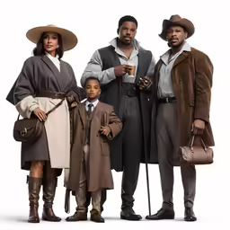 three adults and two children are posed in cowboy outfits