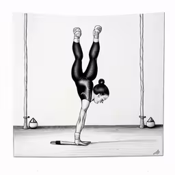 a woman hanging on ropes with her feet in the air,a drawing shows a woman performing a handstand on one leg