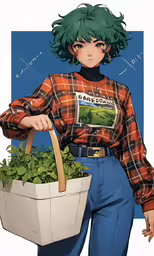 a girl is holding a plant in a basket
