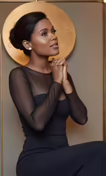 a woman in a sheered dress and a gold hat