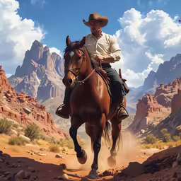 the man is riding his horse in the desert