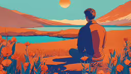 man sitting down watching the sunset over mountains and lakes,a man sitting on a hill looking at flowers