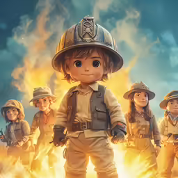 the doll is standing with his arms in his pocket and several uniformed children surrounding him