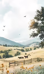cows grazing in a field surrounded by trees and yellow wildflowers