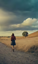 a woman with a backpack is walking down a path