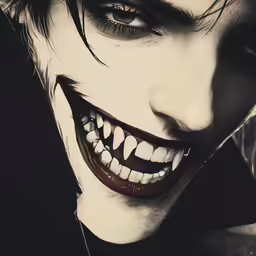 the vampire smiling with his mouth open and fangs out
