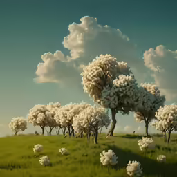 a painting of many white trees in a field