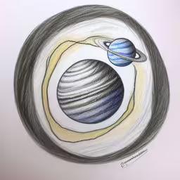 an artistic drawing of a planet with rings and a star,a pencil drawing of planets and the sun in a circle,an illustration of saturn with a ring around it,drawing of two planets in a ring with two different colored circles,a drawing of a ball of yarn and an object