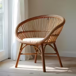 a wicker chair and window with sheer curtains