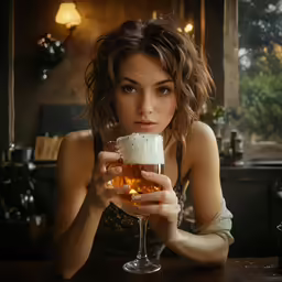 a woman sits at a bar holding a glass of beer
