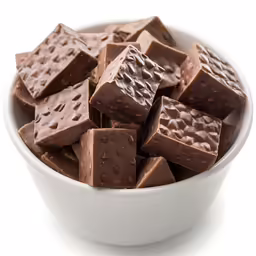 a bowl of chocolate pieces with brown frosting on top