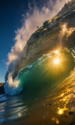 the sun is shining brightly in the blue sky above a wave,a large wave breaks while it crests over the top of the mountain