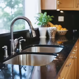 a kitchen sink with black marble countertop and wooden cabinets